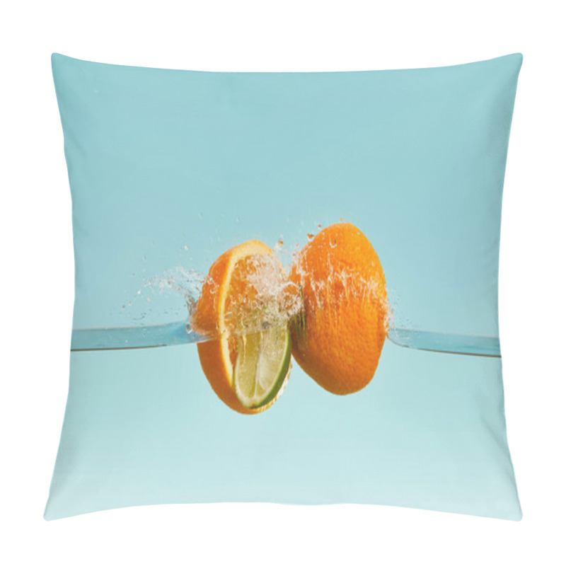 Personality  Ripe Orange Halves Falling In Water With Drops On Blue Background Pillow Covers