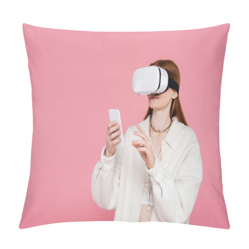 Personality  Stylish Redhead Woman In Virtual Reality Headset Using Mobile Phone Isolated On Pink  Pillow Covers