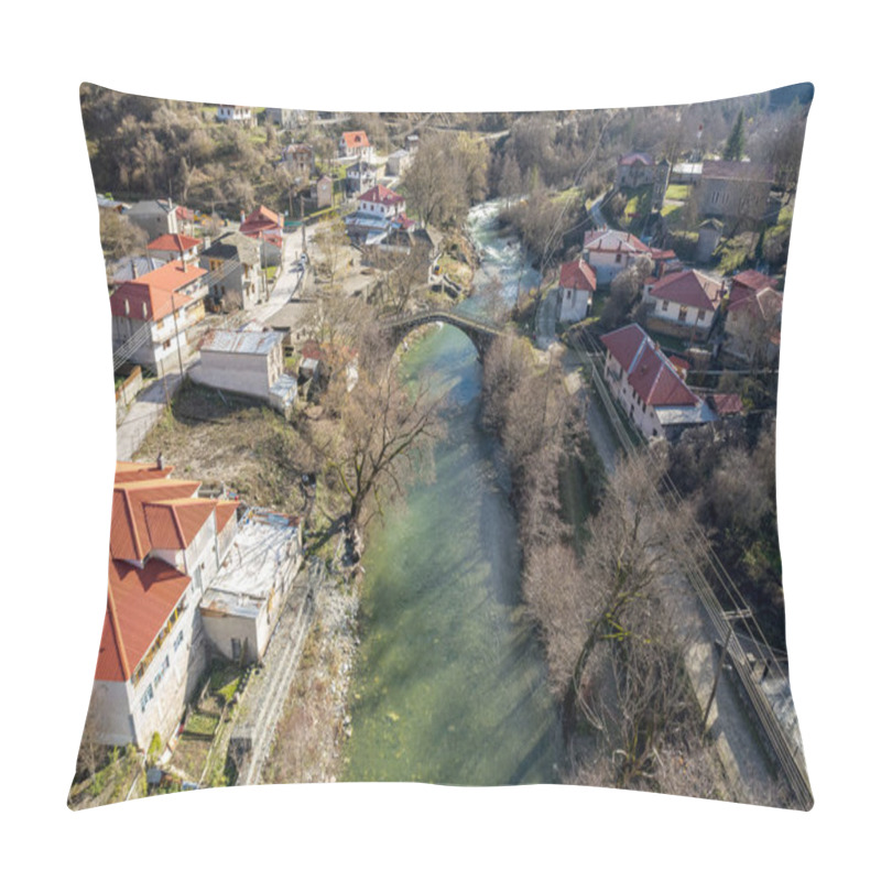 Personality  Aerial View Of  Vovousa Village And Aoos River  Located Next To Valia Calda Pindus National Park On East Zagori, Epirus, Greece. Pillow Covers