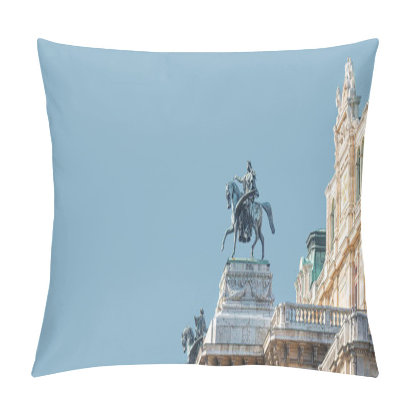 Personality  Banner With Top Roof Sculpture Of Greek Goddess Muse Riding Pegasus, A Winged Horse, At Vienna State Opera House, Vienna, Austria, With Copy Space. Concept Of Cultural Heritage And Travel Pillow Covers