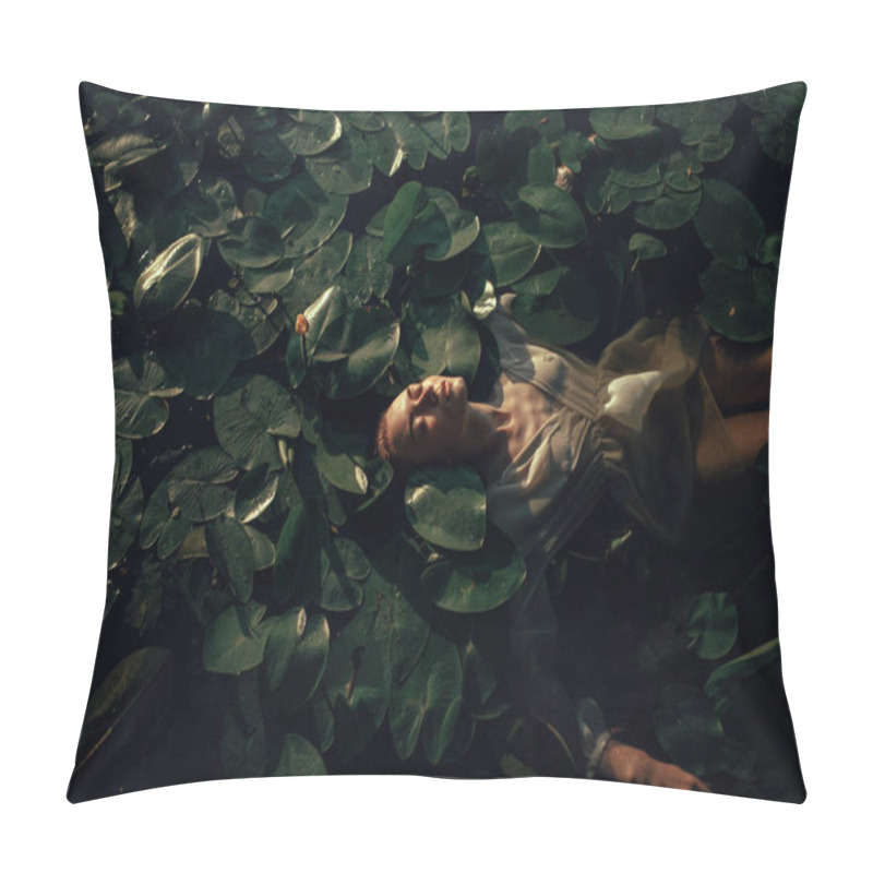 Personality  Young Woman Lying In The Water Among The Leaves And Flowers Of Y Pillow Covers