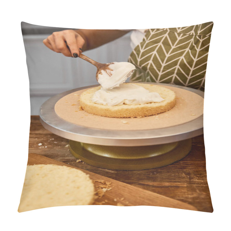 Personality  Partial View Of Confectioner Spreading Cream On Cake Layer Pillow Covers