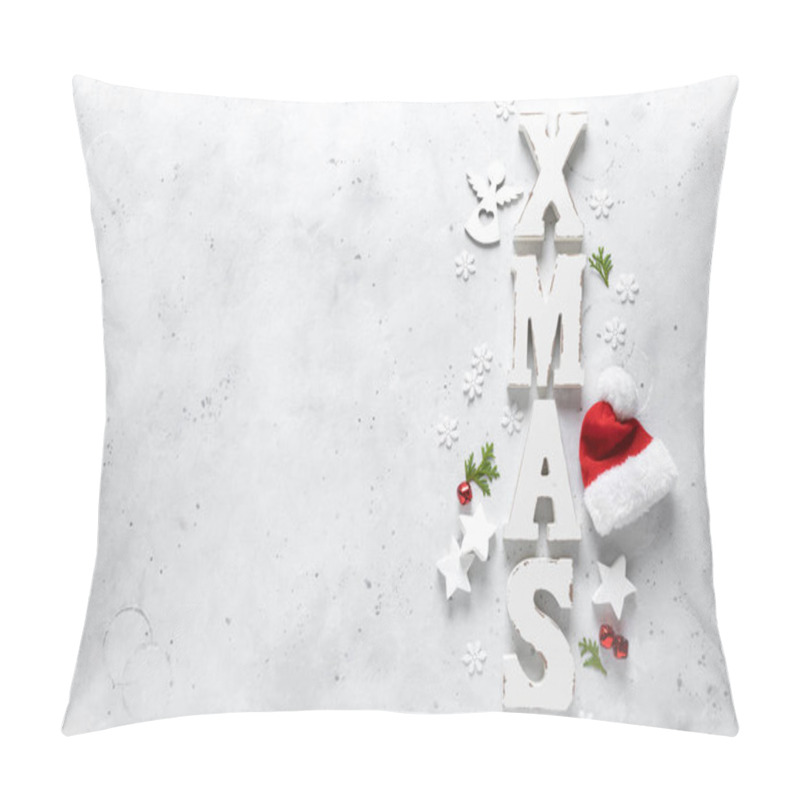 Personality  Christmas, New Year Or Noel Holiday Festive Winter Greeting Card With Decorations, X-mas Ornaments, Stars, Snowflakes, Santa Hat And Xmas Bells On White Background, Flat Lay Composition, Top View Pillow Covers