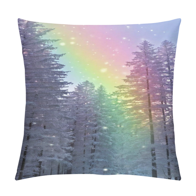 Personality  Rainbow Frosted Forest: An Icy Winter Forest Where Frost And Snow Glisten In Shades Of Lavender, Mint Green, Pale Gold, And Pastel Pink As Sunlight Refracts Through The Frosty Air. Pillow Covers