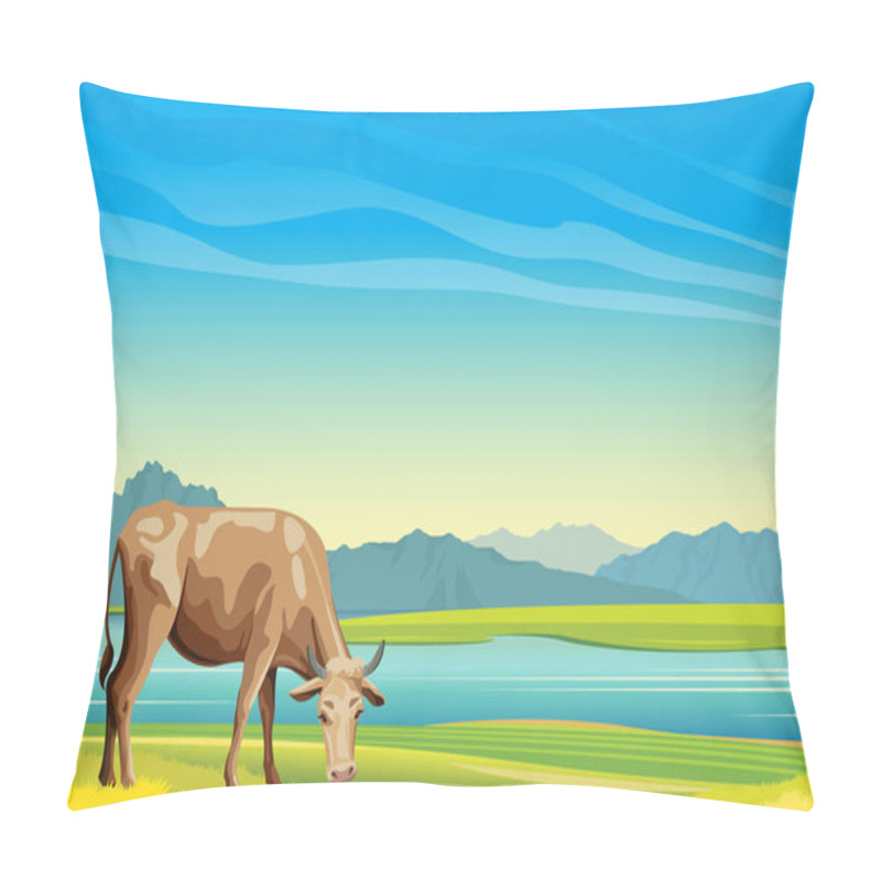 Personality  Cow, Lake, Mountain And Sky. Summer Landscape.  Pillow Covers