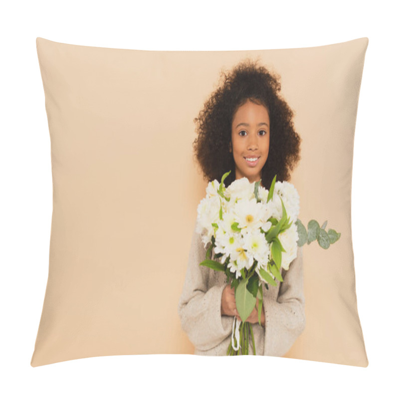 Personality  Smiling African American Preteen Girl With Bouquet Of Flowers In Hands Isolated On Beige Pillow Covers