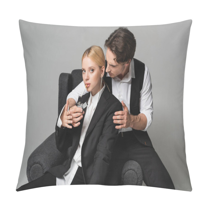 Personality  Elegant Man Lightening Cigarette Of Blonde Woman Sitting In Armchair Isolated On Grey Pillow Covers