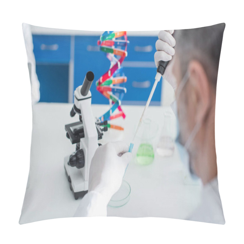 Personality  Blurred Geneticist In Medical Mask Working With Micropipette Near Microscope And Dna Model Pillow Covers