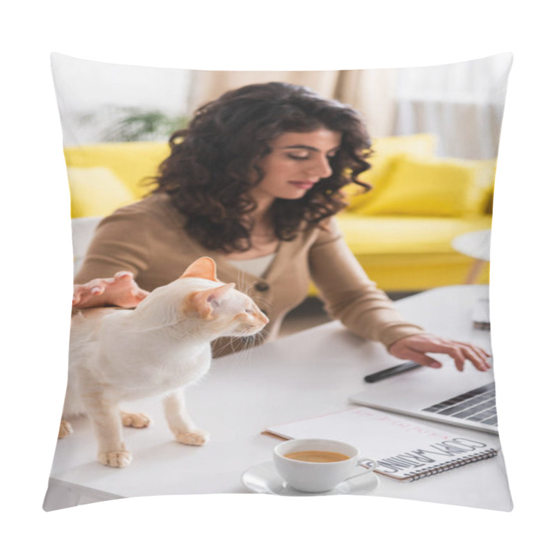 Personality  Blurred Copywriter Using Laptop And Petting Oriental Cat While Working At Home  Pillow Covers