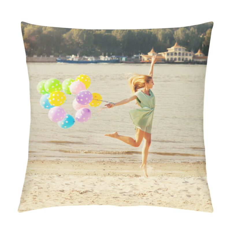 Personality  Woman Jumping On The Beach With Balloons Pillow Covers