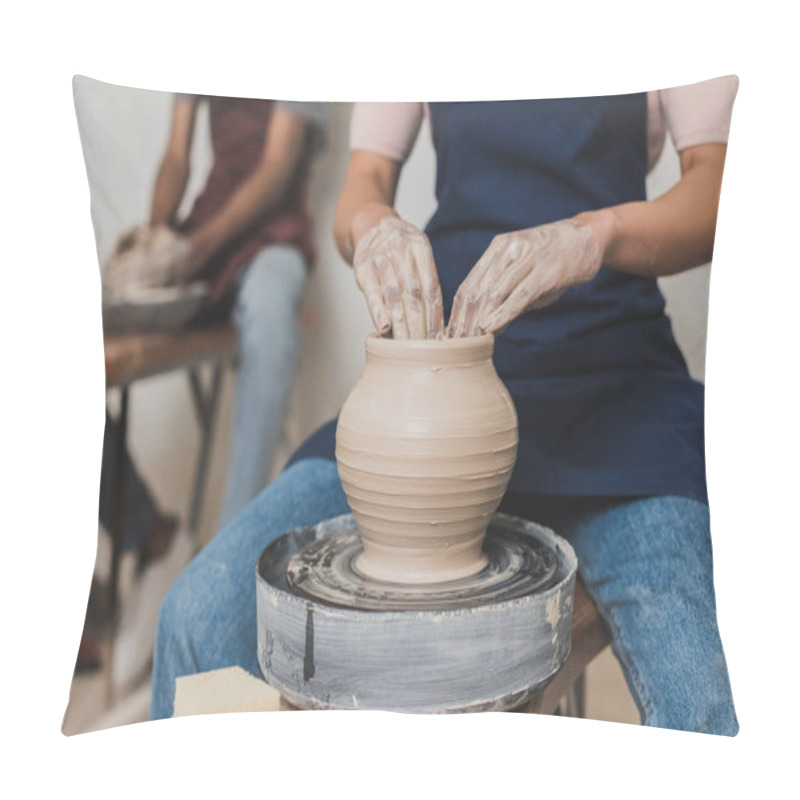 Personality  Partial View Of Young African American Couple In Aprons Working With Clay Pot On Wheel In Pottery Pillow Covers