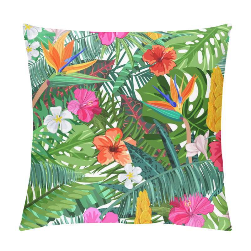 Personality  Tropical Seamless Pattern With Flowers Hibiscus, Plumeria, Strelitzia And Palm, Monstera Leaves. Vector Illustration. Summer Or Spring Design Elements For Fashion Textile Prints And Greeting Cards. Pillow Covers