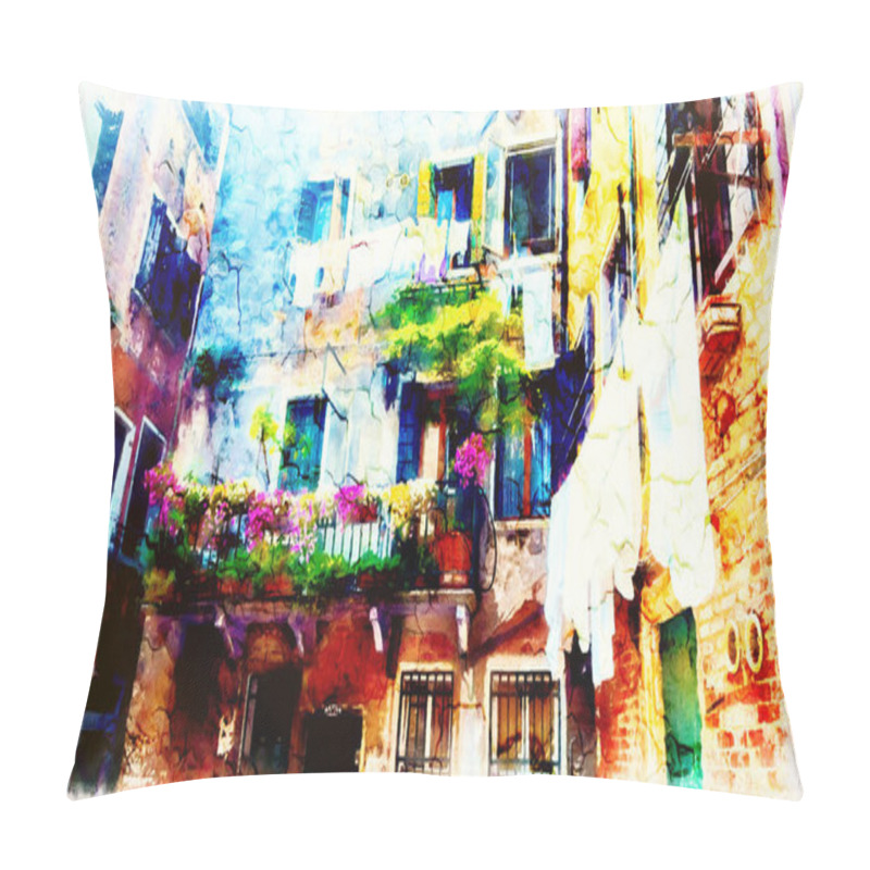 Personality  Venetian Scenery With Balconies With Flowers And Drying Clothes, Computer Painting. Pillow Covers