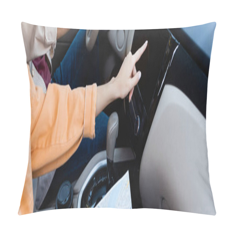 Personality  Cropped View Of Woman With Map Using Audio System In Car Near Husband, Banner  Pillow Covers