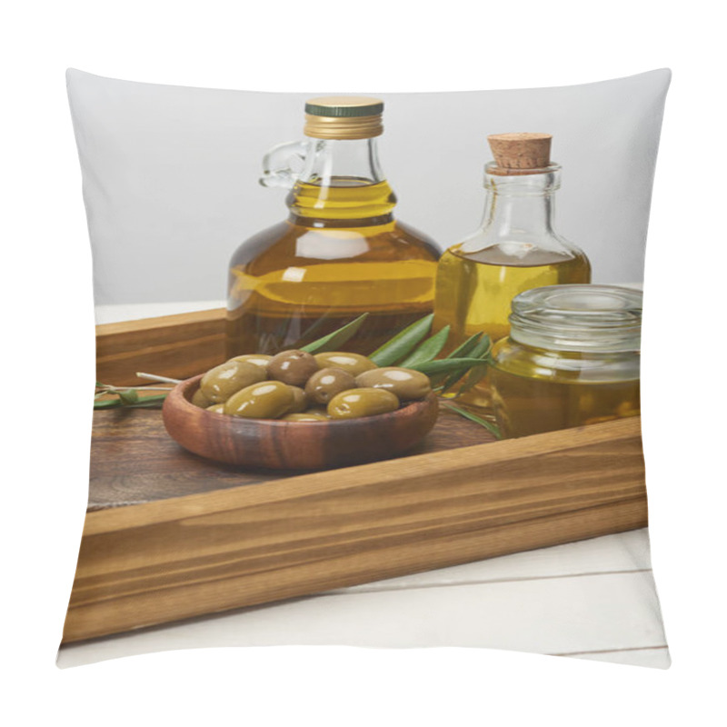 Personality  Wooden Tray With Bowl Of Olives, Oil Bottles And Olive Tree Leaves On White Surface  Pillow Covers