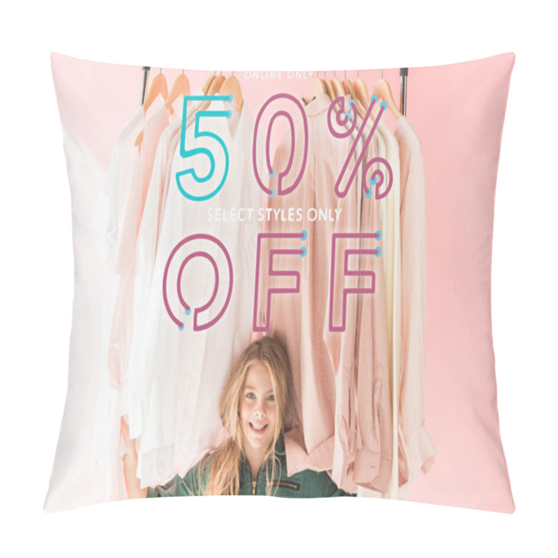 Personality  Cheerful Charming Kid In Trendy Overalls Sitting Under Clothes On Hangers, Sale Banner Pillow Covers