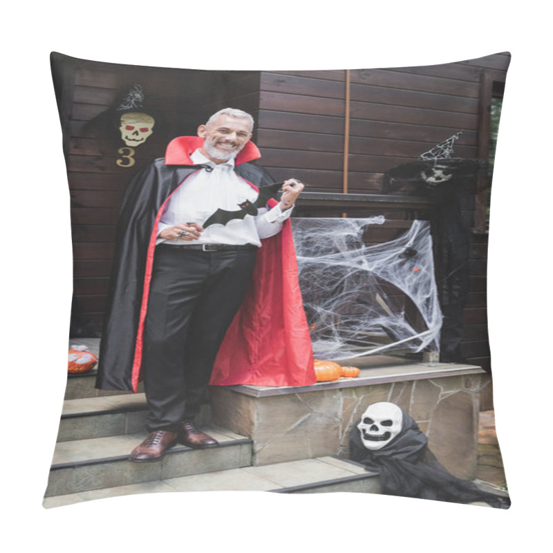 Personality  Happy Mature Man In Vampire Costume Holding Paper Cut Bat On Porch With Halloween Decoration Pillow Covers