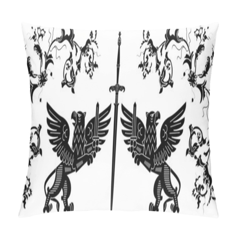 Personality  Sword, Griffins And Floral Elements Stencil Composition Pillow Covers