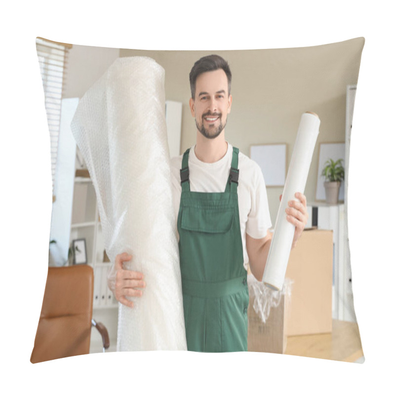 Personality  Male Worker With Rolls Of Stretch Film In Office Pillow Covers