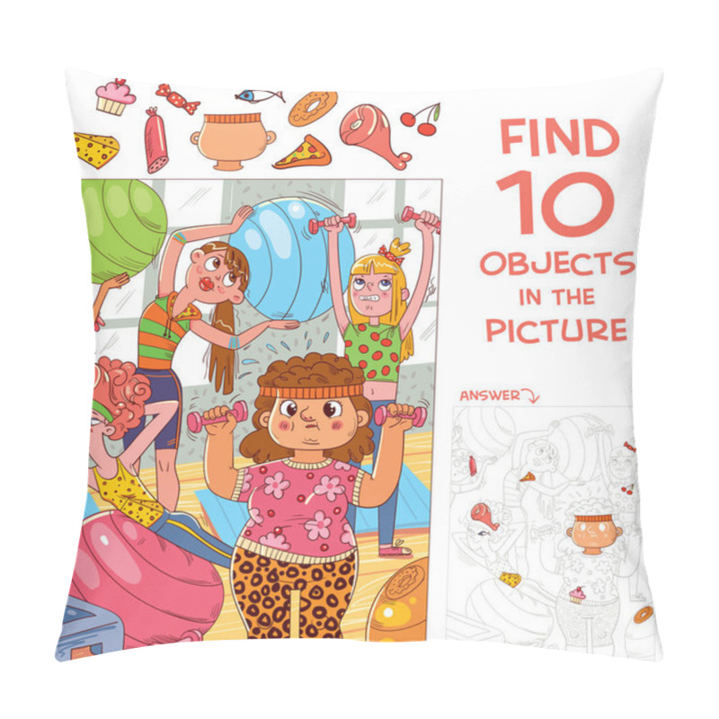 Personality  Find 10 Objects In The Picture. Puzzle Hidden Items. A Group Of Girls Are Engaged In Fitness. Funny Cartoon Character Pillow Covers