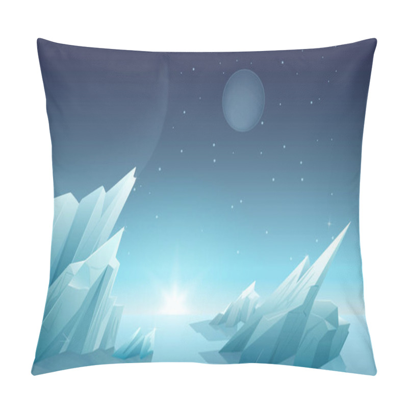 Personality  Sunrise On Another Alien Planet Landscape With Ice Rocks, Planets, Stars At Sky. Galaxy Space Nature Panorama. Pillow Covers