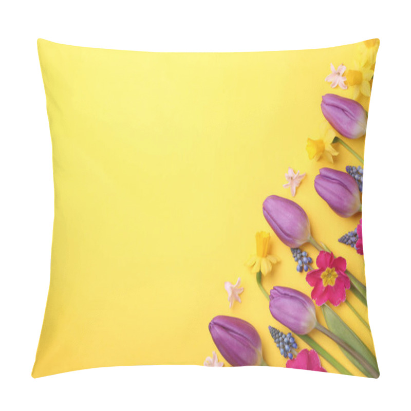 Personality  Beautiful Different Flowers On Yellow Background, Flat Lay. Space For Text Pillow Covers