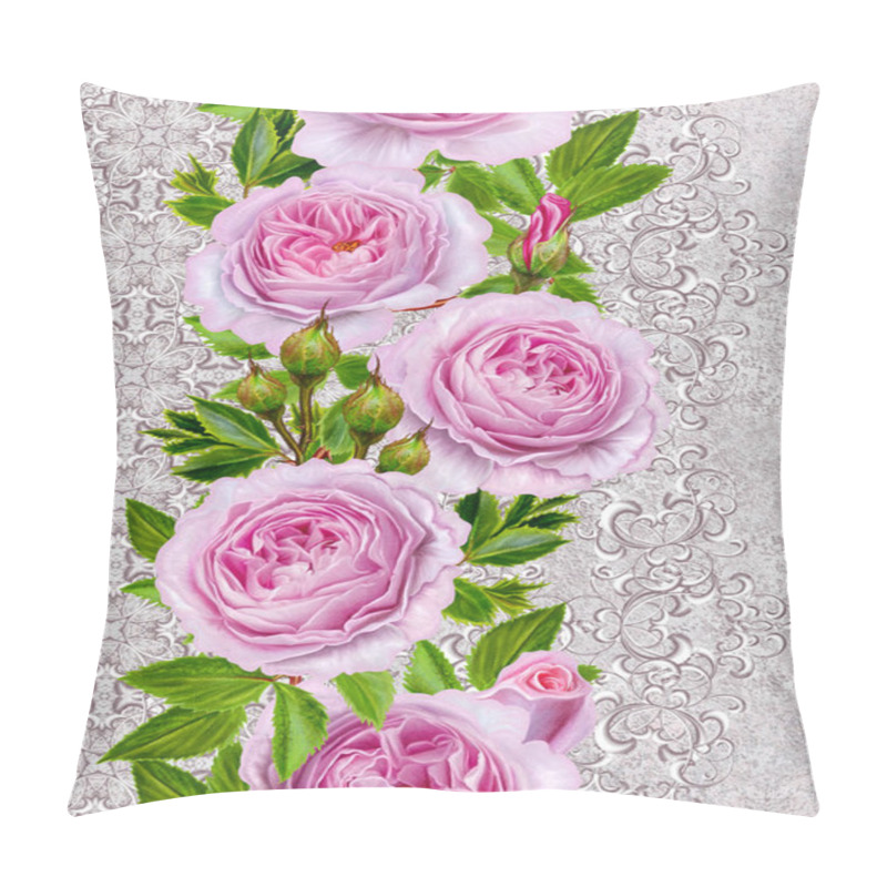 Personality  Vertical Floral Border. Pattern, Seamless. Old Style. Flower Garland Of Delicate Pink Roses, Buds. Silver Shiny Openwork Curls, Lace, Pastel Mosaic, Weaving. Pillow Covers