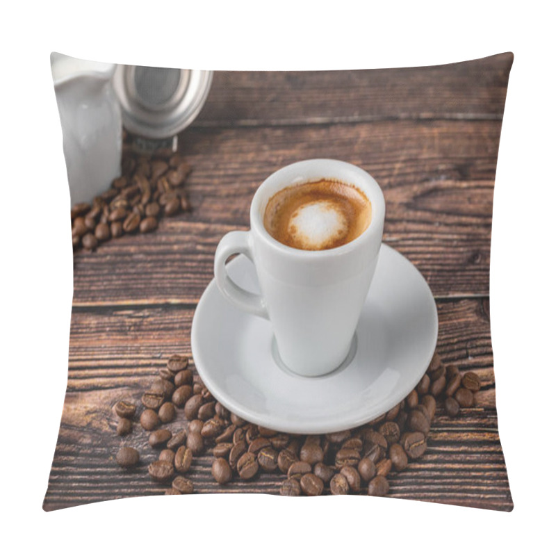 Personality  Espresso Macchiato In White Porcelain Cup With Milk And Coffee Beans On Wooden Table Pillow Covers