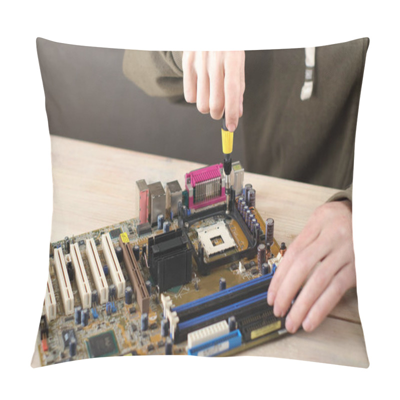 Personality  Unscrewing The Base Of The Heatsink On The Computer Motherboard By A Person Pillow Covers