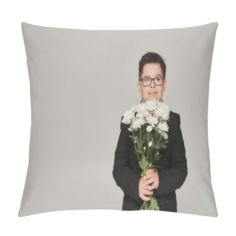 Personality  Happy Schoolboy In Uniform And Eyeglasses Standing With Flowers On Grey, Inclusive Schooling Pillow Covers