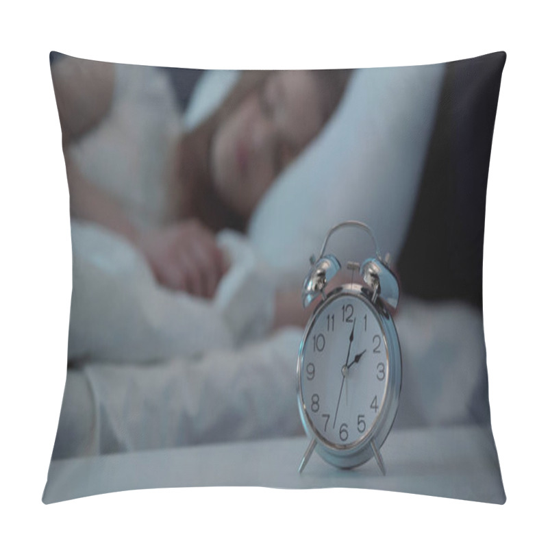 Personality  Alarm Clock On Bedside Table Near Blurred Woman Sleeping On Bed  Pillow Covers