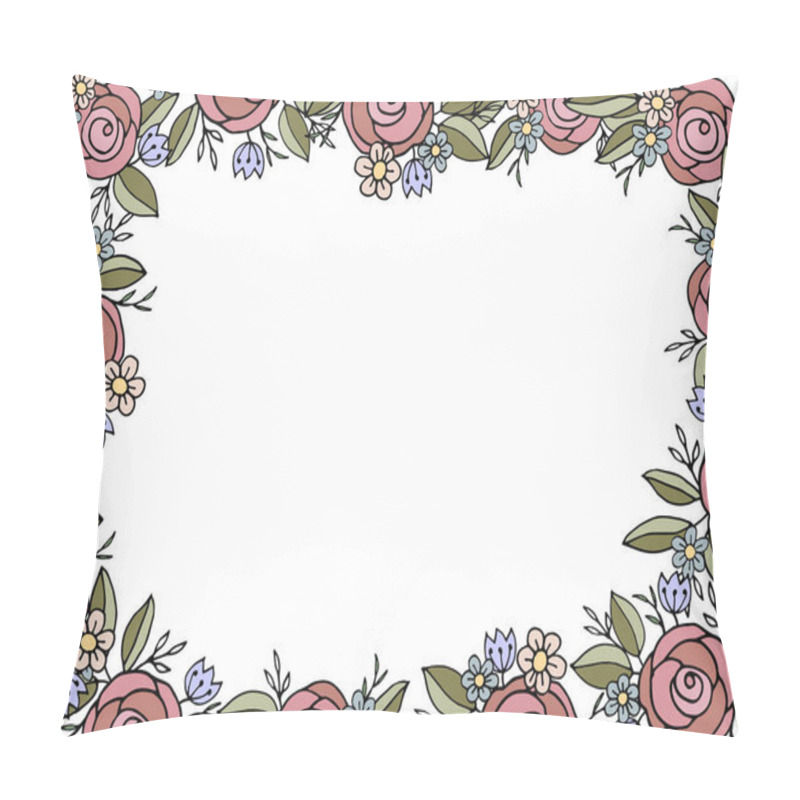 Personality  Floral Square Frame With Pink Roses, Blue Flowers, Yellow Daisies, And Green Leaves On A White Background. Ideal For Invitations, Greeting Cards, And Decorative Designs Pillow Covers