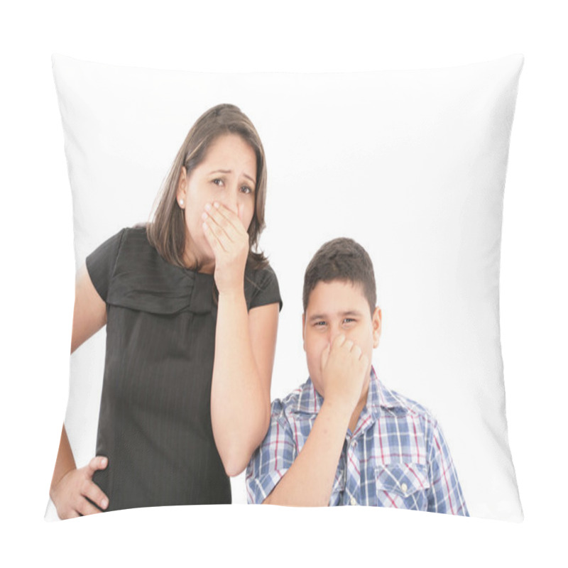 Personality  Mother And Son Holding Their Noses - Bad Smells In The Air Pillow Covers