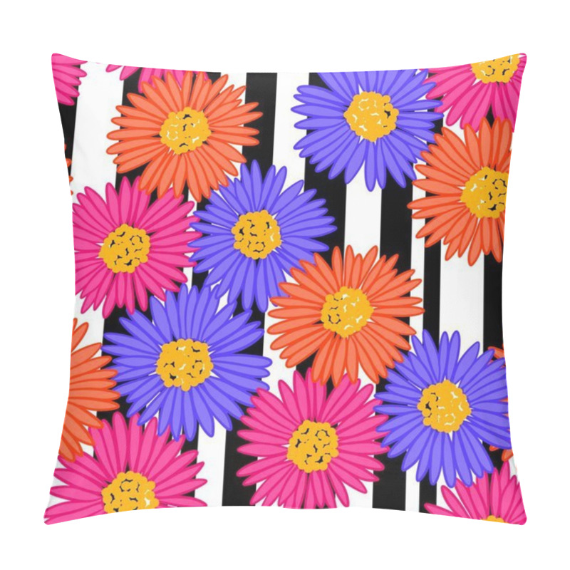 Personality  Hand Drawn Seamless Pattern With Orange Blue Pink Daisy Flowers On Black Stripes Background. Bright Colorful Retro Vintage Print Design, 60s 70s Floral Art, Nature Plant Bloom Blossom Pillow Covers