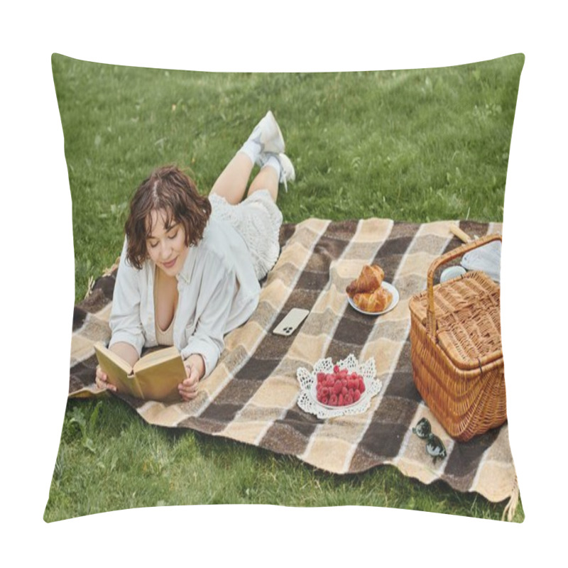 Personality  A Young Woman Lounges On A Blanket, Absorbed In A Book, Surrounded By Summer Treats Beneath The Sun. Pillow Covers