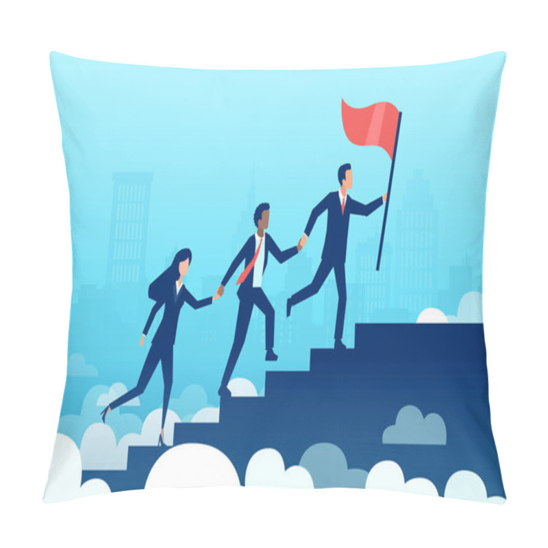 Personality  Team Work Success. Vector Of A Group Of Business People Climbing Up Staircase With Raised Flag.  Pillow Covers