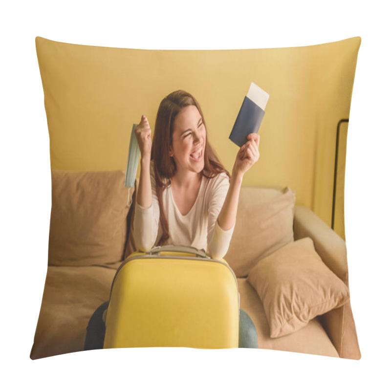 Personality  Excited Young Woman With Medical Mask Holding Passport And Air Ticket Near Baggage, End Of Quarantine Concept  Pillow Covers