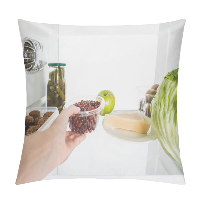 Personality  Cropped View Of Woman Taking Fresh Currant From Fridge With Food Isolated On White Pillow Covers