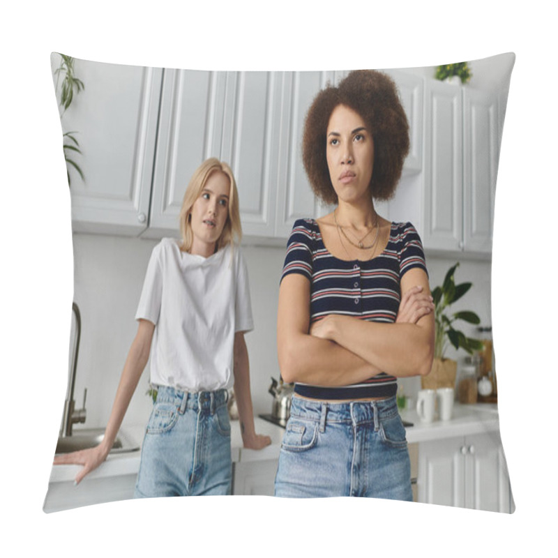 Personality  A Lesbian Couple Argues In The Kitchen, Tension Evident In Their Body Language And Strained Expressions Pillow Covers