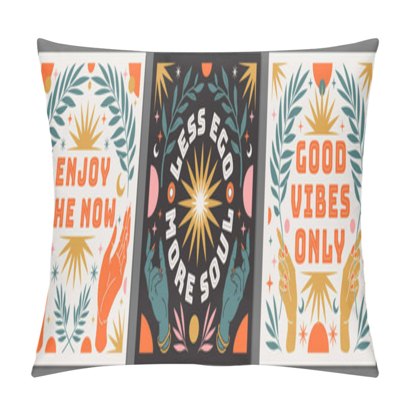 Personality  Boho Mystical Posters With Inspirational Quotes About Energy, Magic And Good Vibes In Trendy Bohemian Style. Pillow Covers