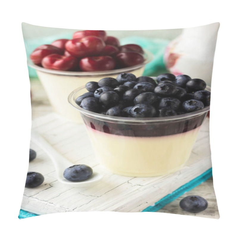 Personality  Italian Pana Cota With Berry Jam And Fresh Blueberries On A Light Background Pillow Covers