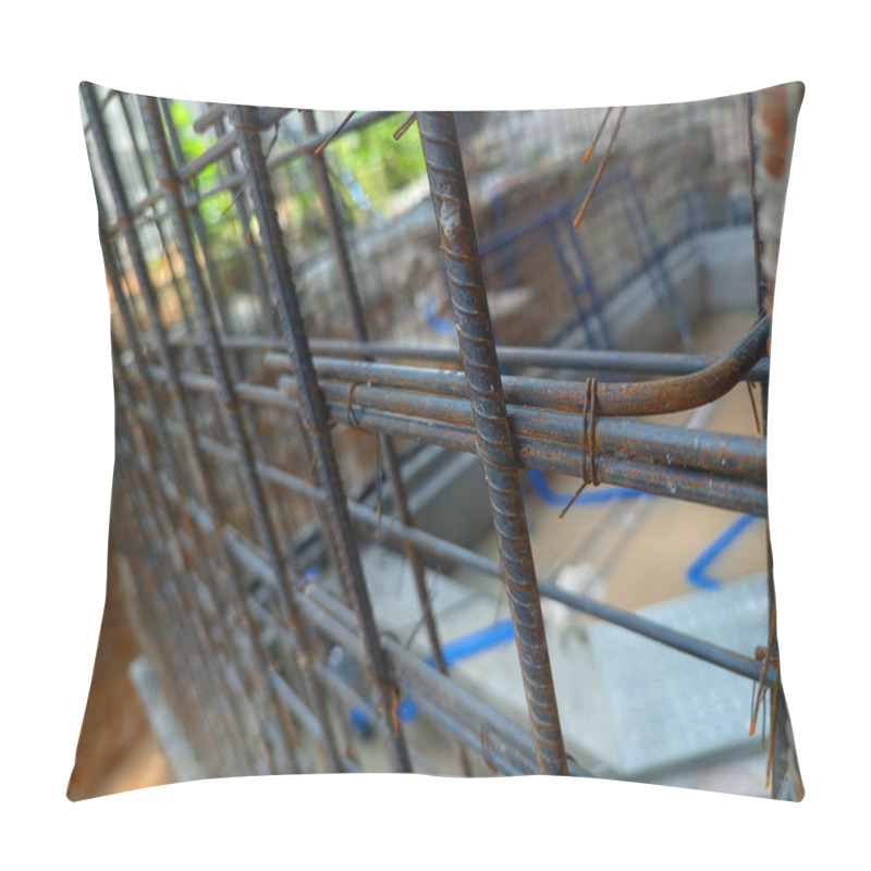 Personality  A Construction Site Displaying A Reinforced Concrete Foundation With Steel Rebar. Pillow Covers