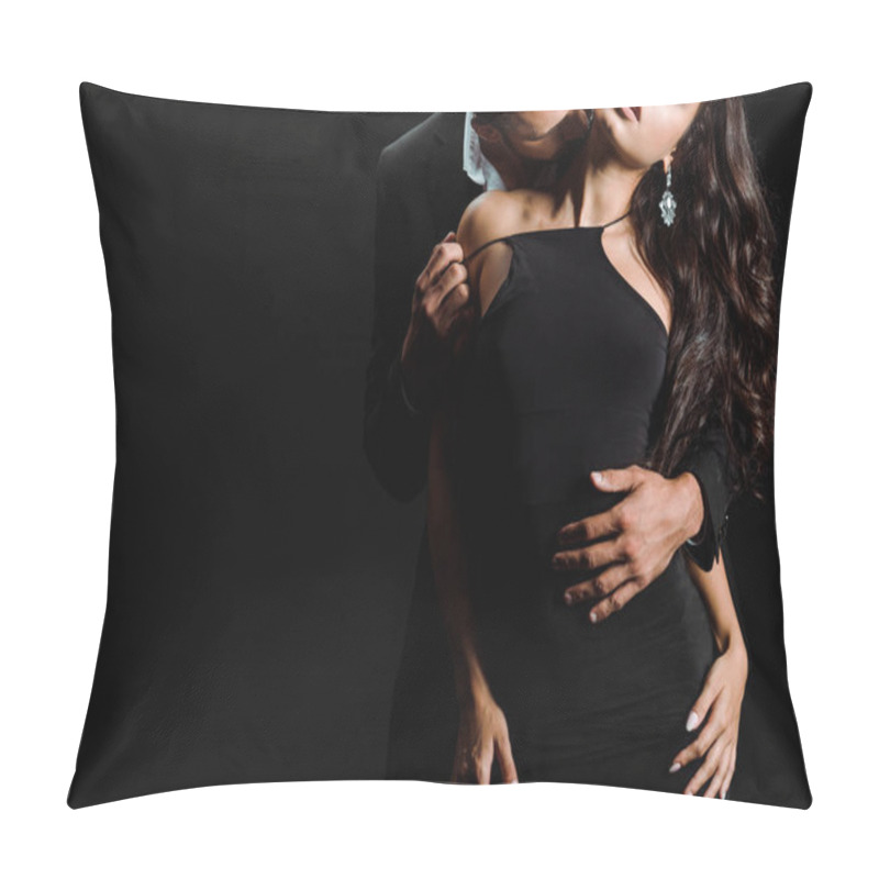 Personality  Cropped View Of Passionate Man Kissing Woman In Dress Isolated On Black  Pillow Covers