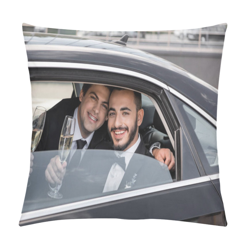 Personality  Smiling Same Sex Grooms In Formal Wear Holding Glasses Of Champagne And Looking At Camera Through Window While Sitting On Backseat Of Car Before Going To Honeymoon  Pillow Covers