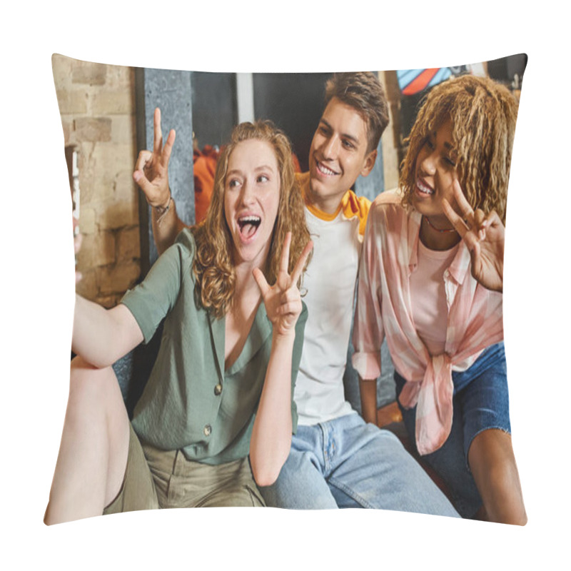 Personality  Excited Multicultural Friends Showing Victory Signs And Taking Selfie On Smartphone In Hostel Lobby Pillow Covers