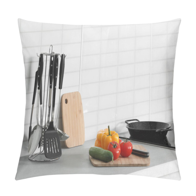 Personality  Clean Cookware, Vegetables And Utensils On Table In Kitchen Pillow Covers