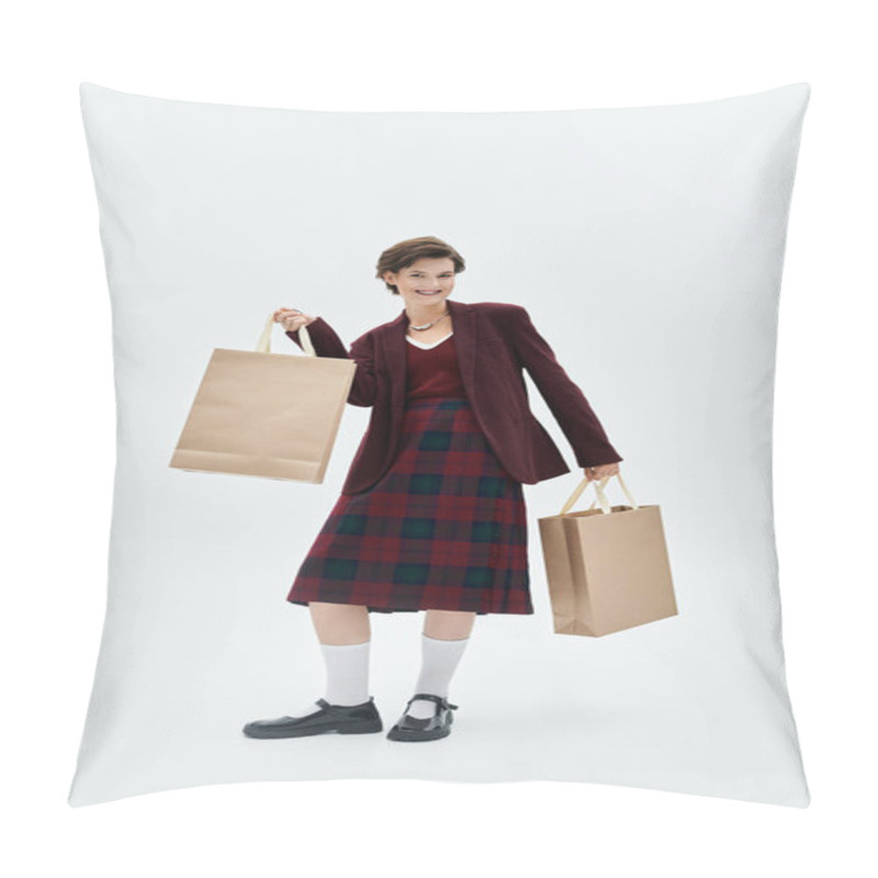 Personality  A Stylish Woman, Dressed Elegantly In Winter Attire, Enjoys A Shopping Spree With Cheerful Energy. Pillow Covers