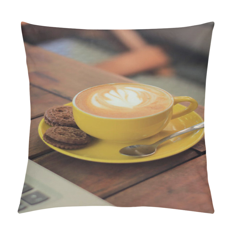 Personality  Coffee Cup Sits With Cookies On Wooden Table By Laptop For Cafe Relaxation Pillow Covers