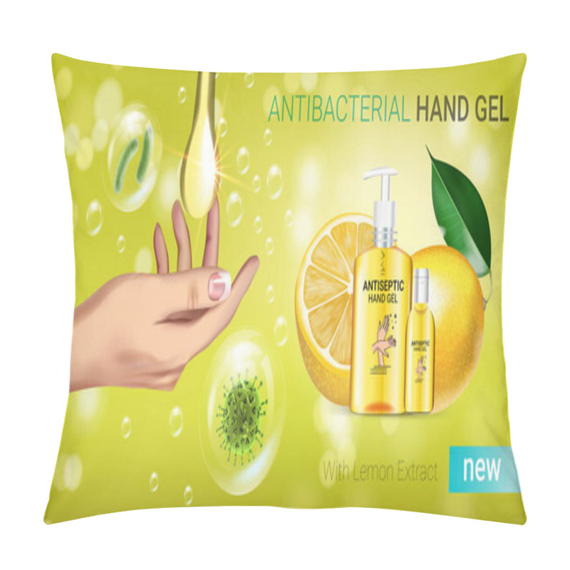 Personality  Lemon Flavor Antibacterial Hand Gel Ads. Vector Illustration With Antiseptic Hand Gel In Bottles And Lemon Elements. Pillow Covers