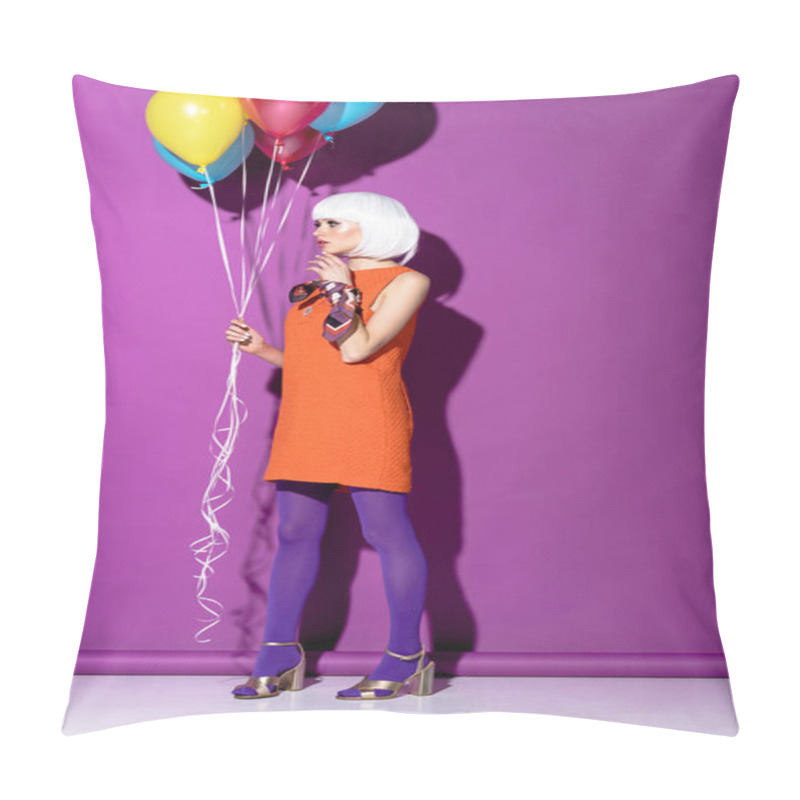 Personality  Full Length View Of Girl In White Wig Holding Air Balloons On Purple Background Pillow Covers